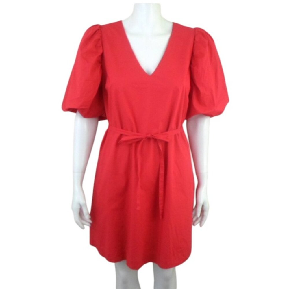English Factory Red Puff Sleeve V-Neck Belted Shift Mini Dress